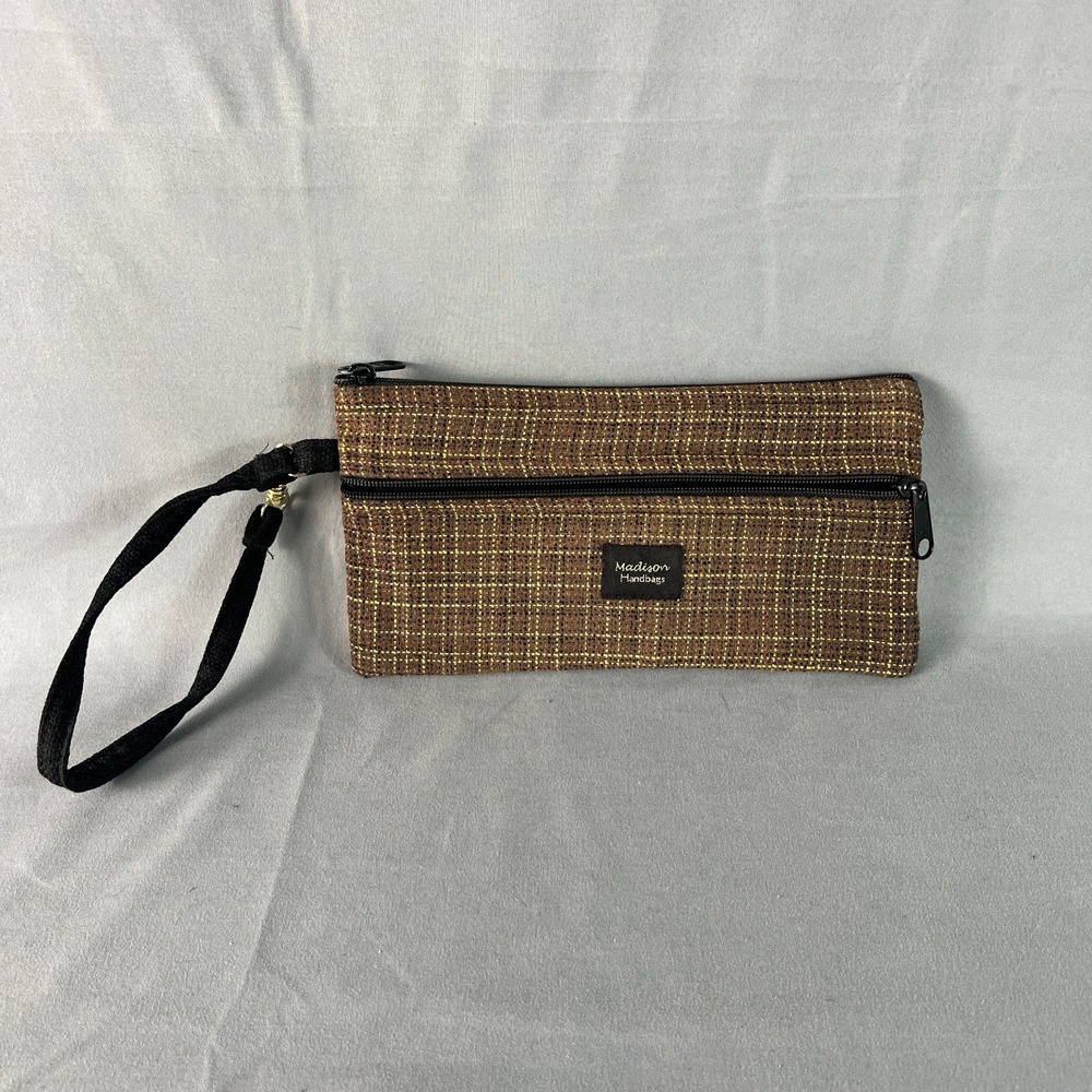 Madison Handbags Wristlet Clutch Wallet Womens Brown Plaid Woven Double Zipper